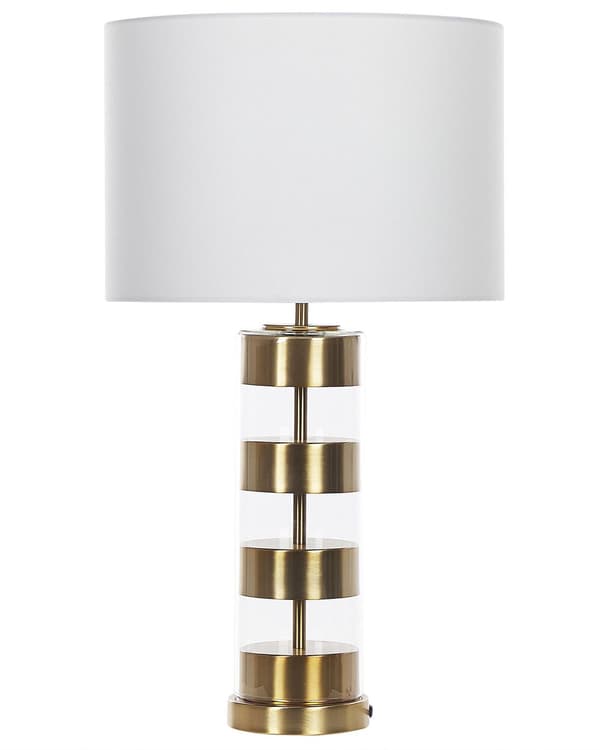 Bordslampa Guld/Transparent Glasbas med Vit Trumformad Tygskärm