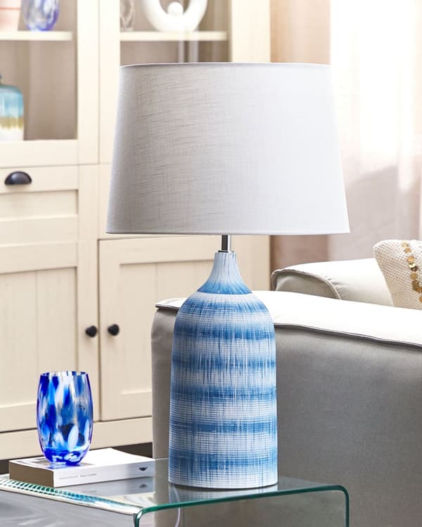 Bordslampa Blå Keramik Bas 66 cm Vit Tygskärm Klassisk Nattlampa