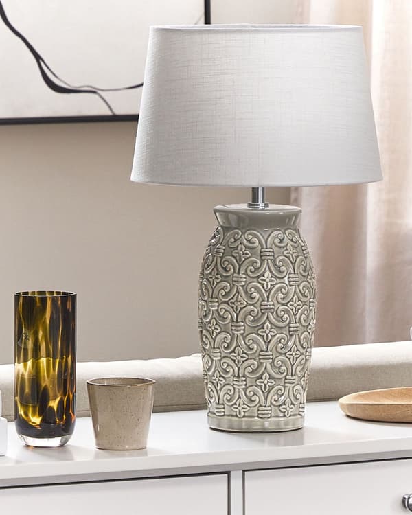 Bordslampa Grå Keramik 48 cm Smyckat Mönster Vit Empire Skärm Nattlampa Vardagsrum Sovrum Belysning
