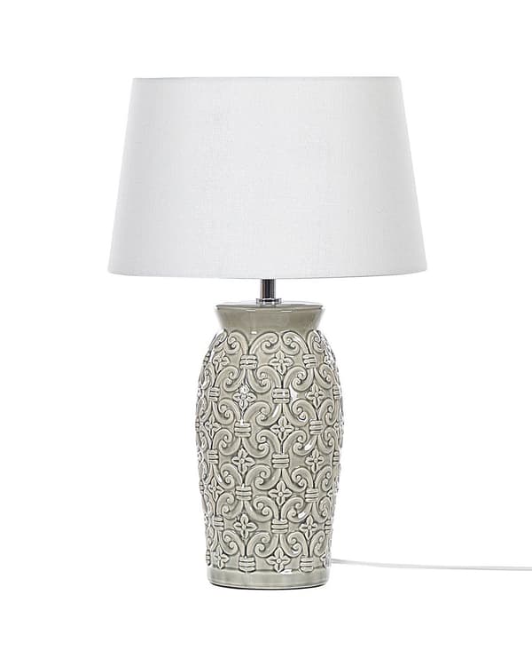 Bordslampa Grå Keramik 48 cm Smyckat Mönster Vit Empire Skärm Nattlampa Vardagsrum Sovrum Belysning