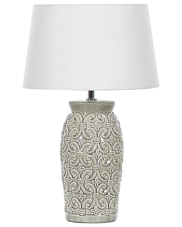 Bordslampa Grå Keramik 48 cm Smyckat Mönster Vit Empire Skärm Nattlampa Vardagsrum Sovrum Belysning