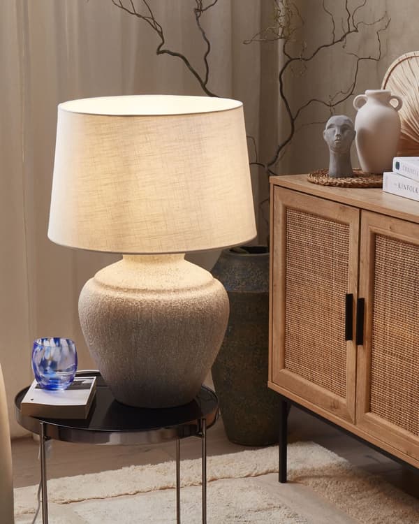 Bordslampa Grädde keramik bas vit trumma tyg skärm hem ljus traditionell design