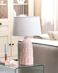 Miniatyrbild 4 av 10: Bordslampa Rosa Keramik Utsmyckas Bas Vit Tygskärm Boho Rustik Design Hembelysning