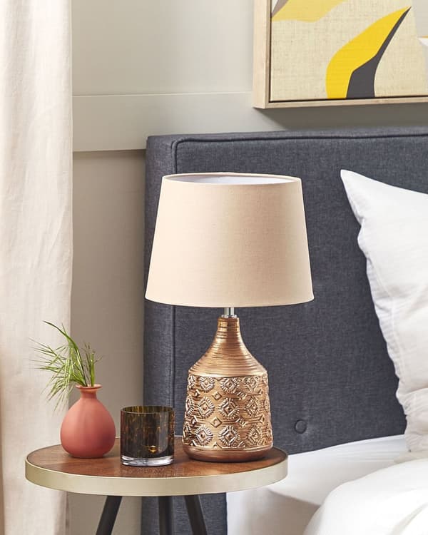 Bordslampa Guldbrun Keramik 47 cm Geometriskt Mönster Beige Empire Skärm Nattduksbord Vardagsrum Sovrum Belysning Retro stil