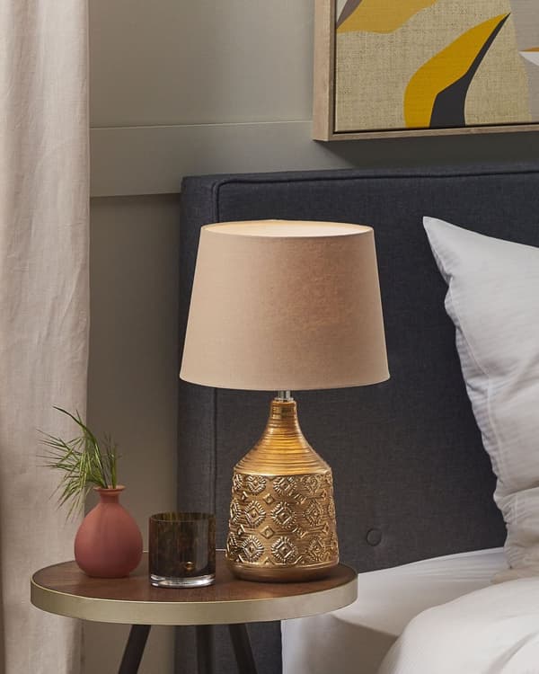 Bordslampa Guldbrun Keramik 47 cm Geometriskt Mönster Beige Empire Skärm Nattduksbord Vardagsrum Sovrum Belysning Retro stil