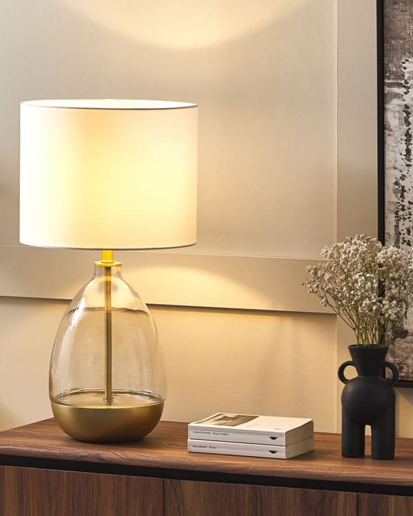 Bordslampa Vit Glas Bas Vit Empire Skärm Nattlampa Accentstycke Dekoration