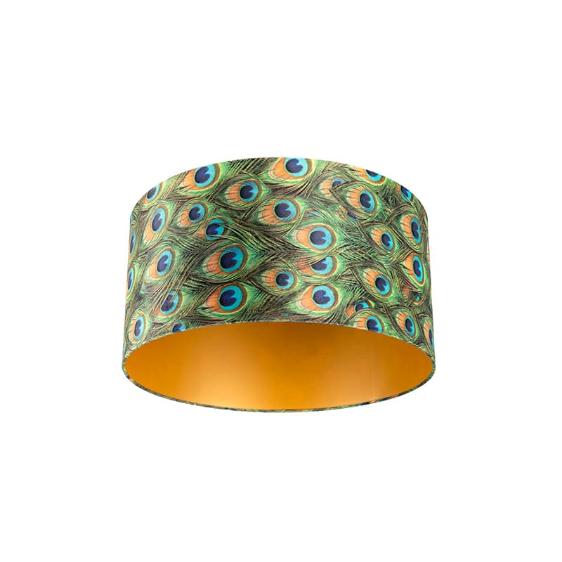 Velour lampskärm påfågeldesign 50/50/25 med gyllene inredning