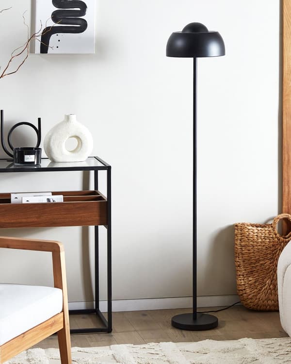 Golvlampa Svart Metall Rund Bas Kupolskärm Glam Upplyst Vardagsrum Belysning