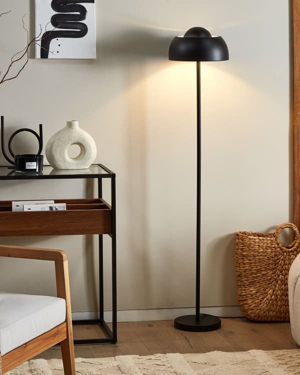Golvlampa Svart Metall Rund Bas Kupolskärm Glam Upplyst Vardagsrum Belysning