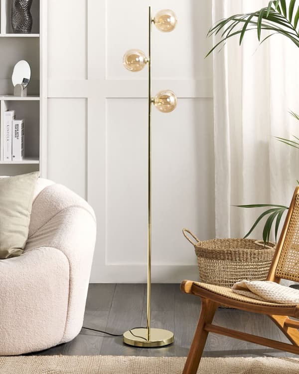 Golvlampa Guld Stål Glas 3 Runda Rökta Skärmar Modern Glamorös Design Vardagsrum Belysning