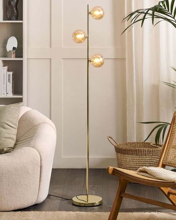 Golvlampa Guld Stål Glas 3 Runda Rökta Skärmar Modern Glamorös Design Vardagsrum Belysning