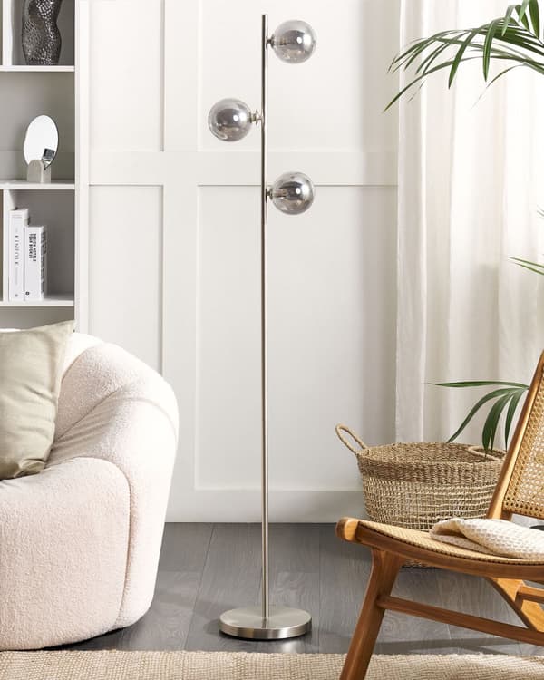 Golvlampa Silver Stål Glas 3 Runda Rökta Skärmar Modern Glamorös Design Vardagsrum Belysning