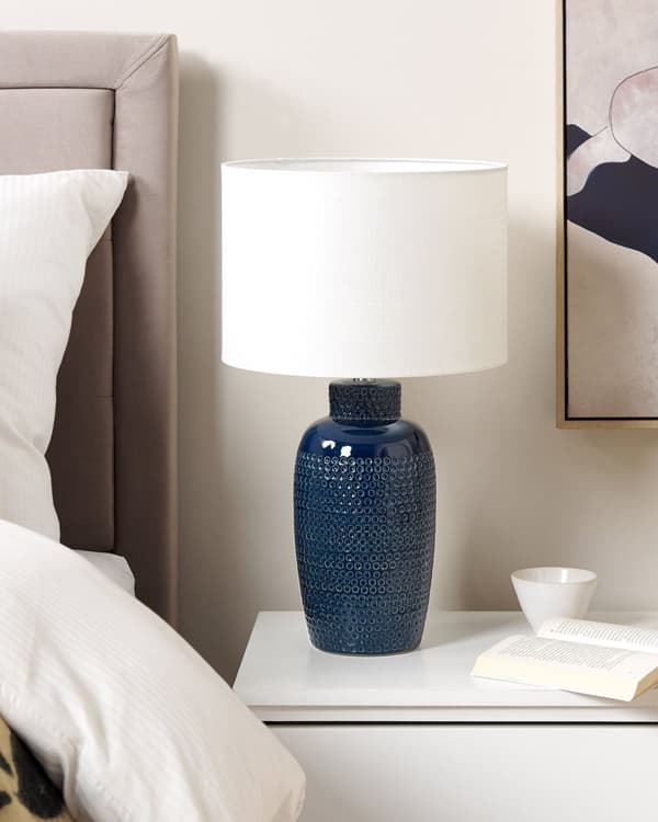Bordslampa Blå Keramik 53 cm Vit Cylinder Skärm Handgjord Sänglampa Vardagsrum Sovrum Belysning