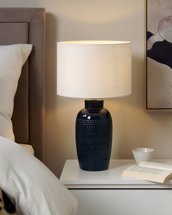 Bordslampa Blå Keramik 53 cm Vit Cylinder Skärm Handgjord Sänglampa Vardagsrum Sovrum Belysning
