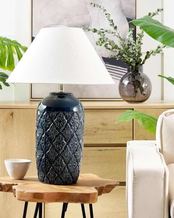 Bordslampa Mörkblå Keramik Tygskärm Belysning