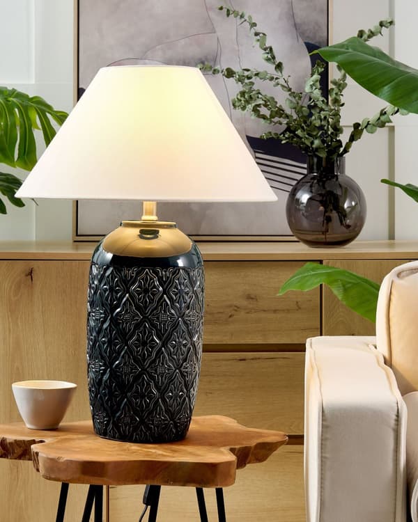Bordslampa Mörkblå Keramik Tygskärm Belysning