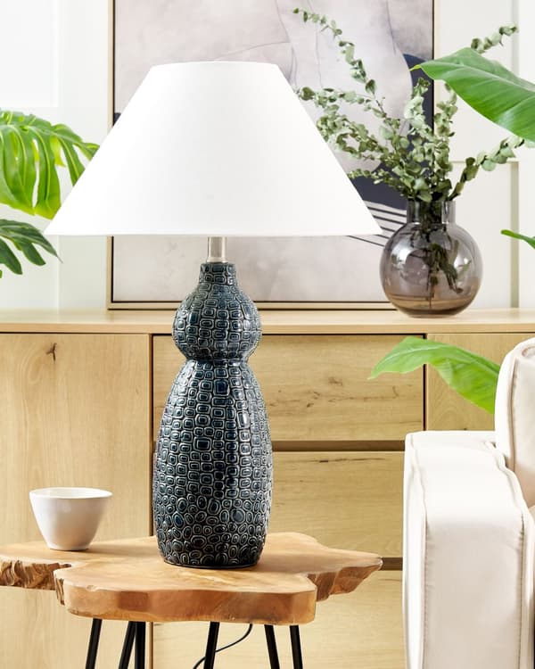 Bordslampa Mörkblå och Vit Keramik Tygskärm Belysning