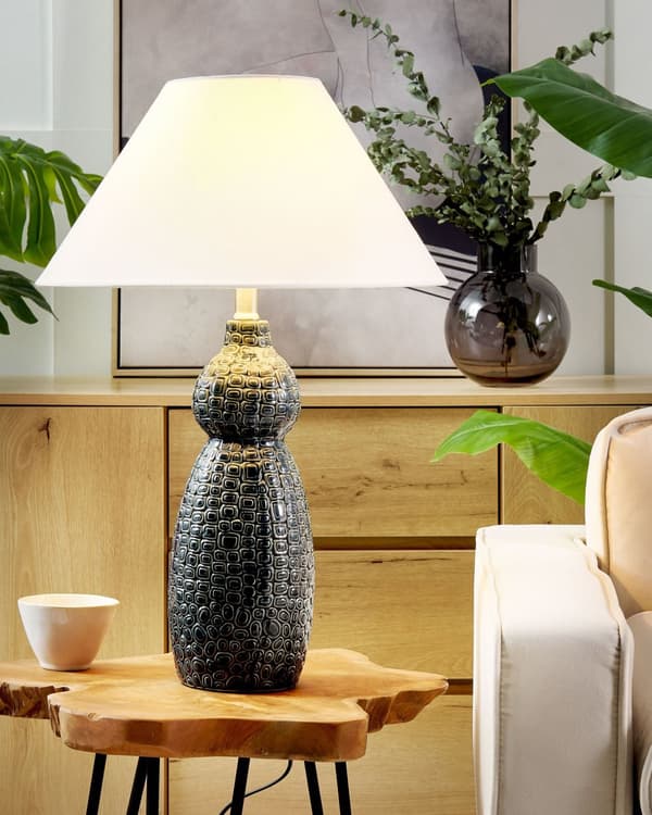 Bordslampa Mörkblå och Vit Keramik Tygskärm Belysning