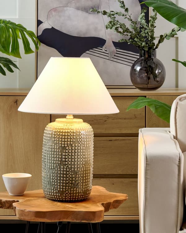 Bordslampa Grå Keramik Tygskärm Belysning