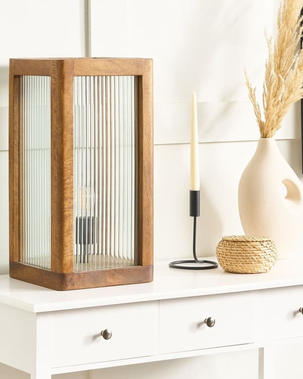Bordslampa Ljust Mangoträ med Glaspaneler Industriell Design Modern Heminredning Belysning Vardagsrum Sovrum Hall