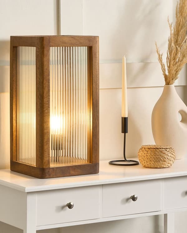 Bordslampa Ljust Mangoträ med Glaspaneler Industriell Design Modern Heminredning Belysning Vardagsrum Sovrum Hall