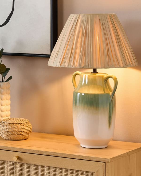 Bordslampa Grön och Vit Keramik 53 cm Naturlig Pappersskärm Sängbord Vardagsrum Sovrum Belysning