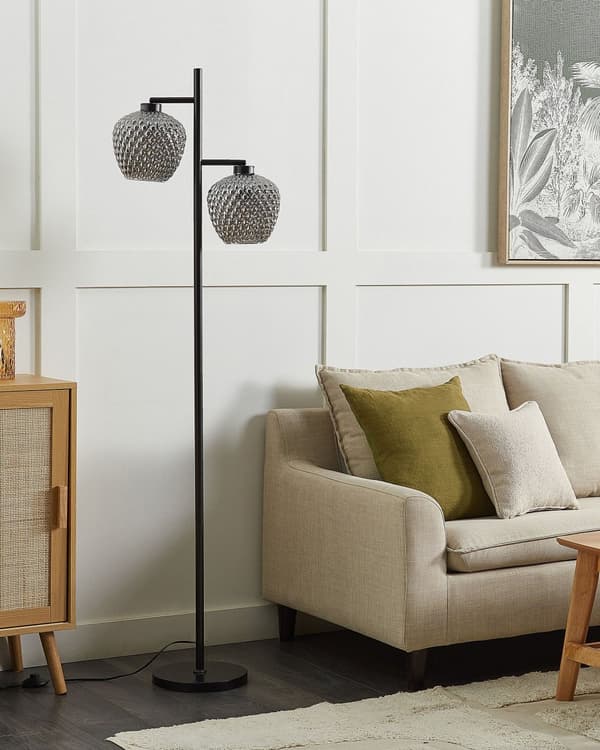Golvlampa Grå och svart järnbas Rökta glasskärmar 2 belysningspunkter Heminredningstillbehör Belysning
