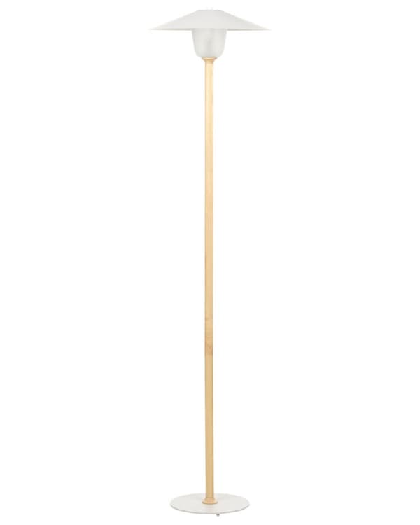Golvlampa Vit Metallskärm Ek Träram Minimalistisk Skandinavisk Stil Vardagsrum Sovrum