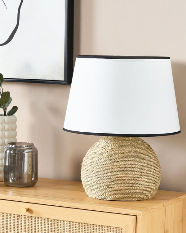 Bordslampa Sockel i Naturligt Rep av Halm Vit skärm i Tyg Vardagsrum Sovrum Hall