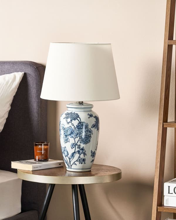 Nattduksbordslampa Vit och Blå Porslinsfot med Linneskärm Trumformad 54 cm Klassisk Stil Vardagsrum Sovrum