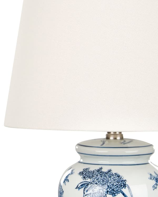 Nattduksbordslampa Vit och Blå Porslinsfot med Linneskärm Trumformad 54 cm Klassisk Stil Vardagsrum Sovrum