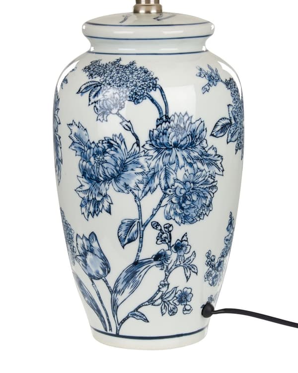 Nattduksbordslampa Vit och Blå Porslinsfot med Linneskärm Trumformad 54 cm Klassisk Stil Vardagsrum Sovrum