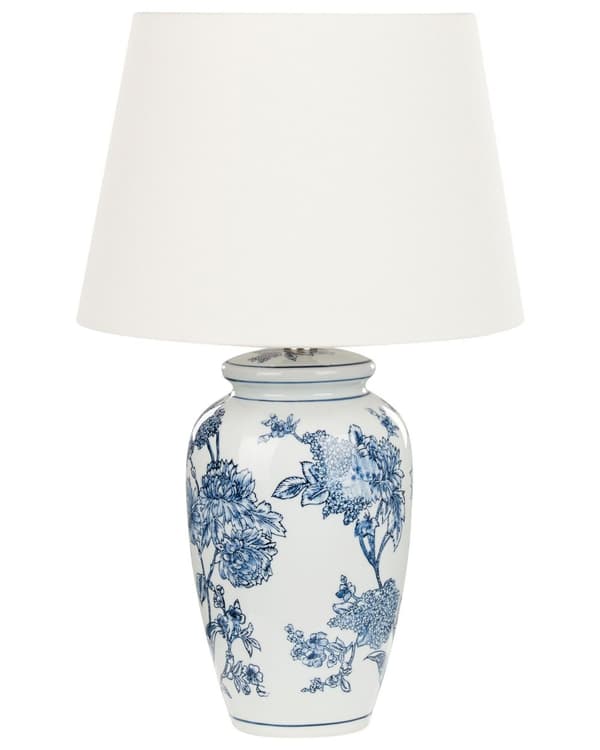 Nattduksbordslampa Vit och Blå Porslinsfot med Linneskärm Trumformad 54 cm Klassisk Stil Vardagsrum Sovrum