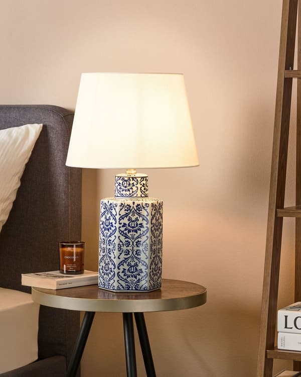 Nattduksbordslampa Vit och Blå Porslin Sockel med Tyg Linne Skärm Trumform 53 cm Modern Stil Vardagsrum Sovrum