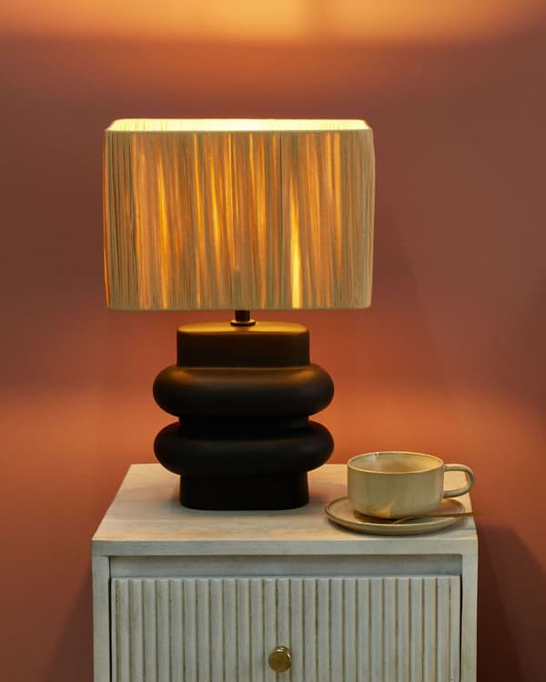 Bordslampa Svart och Naturlig Keramik Pappersmassa Rektangulär Lampskärm Minimalistisk Design Sovrum Vardagsrum