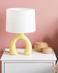 Miniatyrbild 4 av 9: Bordslampa Gul Keramik Polyester Bomull Trumformad Skärm Halvrund Lampfot Minimalistisk Design