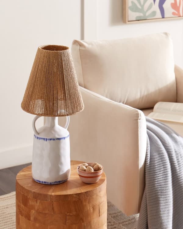 Bordslampa Vit keramik 24 x 24 x 51 cm Naturlig flätad papperskonskärm Sängbord Vardagsrum Sovrum Belysning