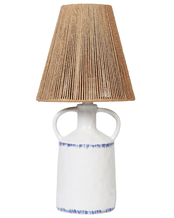 Bordslampa Vit keramik 24 x 24 x 51 cm Naturlig flätad papperskonskärm Sängbord Vardagsrum Sovrum Belysning