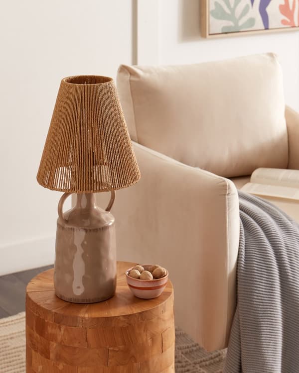 Bordslampa Taupe Keramik 24 x 24 x 51 cm Naturlig flätad papperskonskärm Sängbord Vardagsrum Sovrum Belysning
