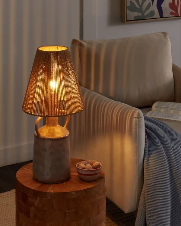 Bordslampa Taupe Keramik 24 x 24 x 51 cm Naturlig flätad papperskonskärm Sängbord Vardagsrum Sovrum Belysning
