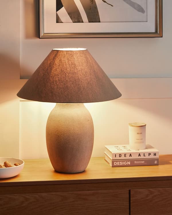 Bordslampa Grå Keramisk Bas Tyg Linne Skärm Nattduksbord Nattlampa