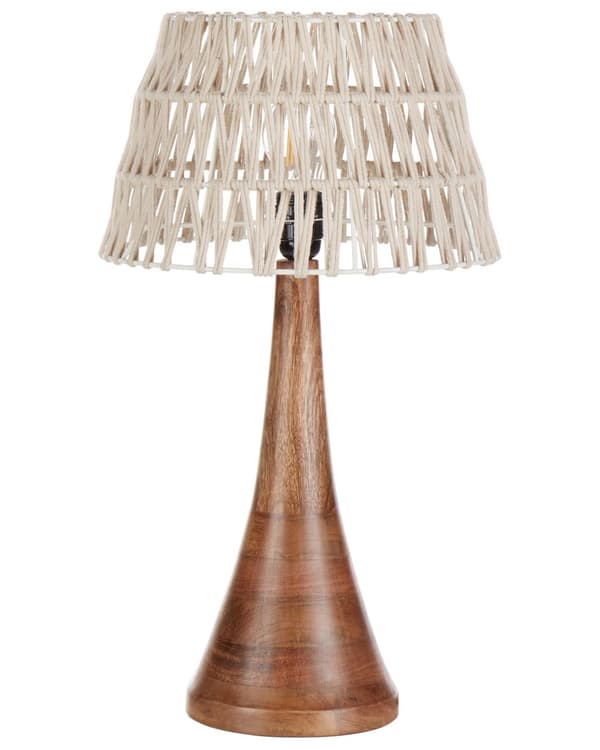 Bordslampa Beige och mörk bomullsskärm Mangoträ Bas Metallram Enkel Ljus Modern Design Hemtillbehör Vardagsrum