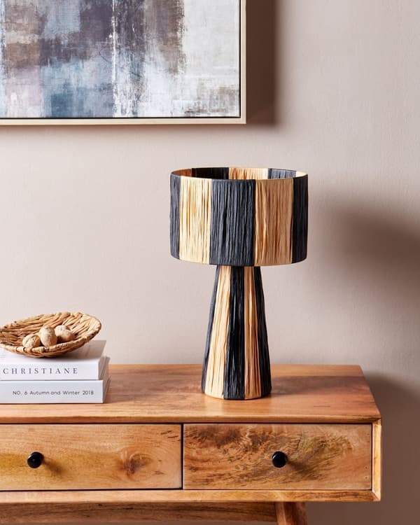 Bordslampa Lampskärm i naturlig och svart raffia med palmblad Boho-stil Handgjord lampa