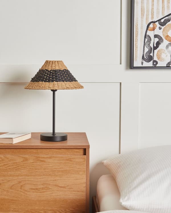 Bordslampa Beige och Svart Pappersrep Konskärm Metallfot Sängbord Vardagsrum Sovrum Belysning