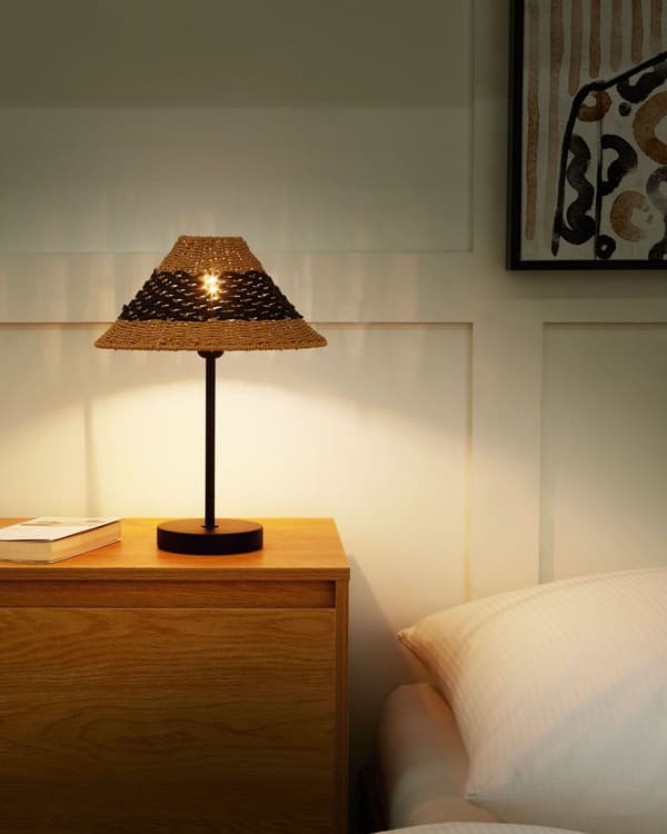 Bordslampa Beige och Svart Pappersrep Konskärm Metallfot Sängbord Vardagsrum Sovrum Belysning