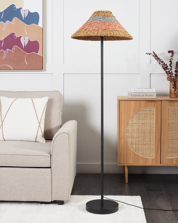 Golvlampa Svart och Beige Rosa och Blå Pappersrep Skärm Metallfot Vardagsrum Sovrum Belysning