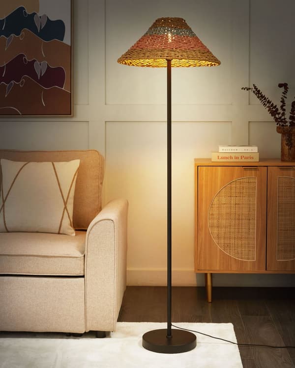 Golvlampa Svart och Beige Rosa och Blå Pappersrep Skärm Metallfot Vardagsrum Sovrum Belysning