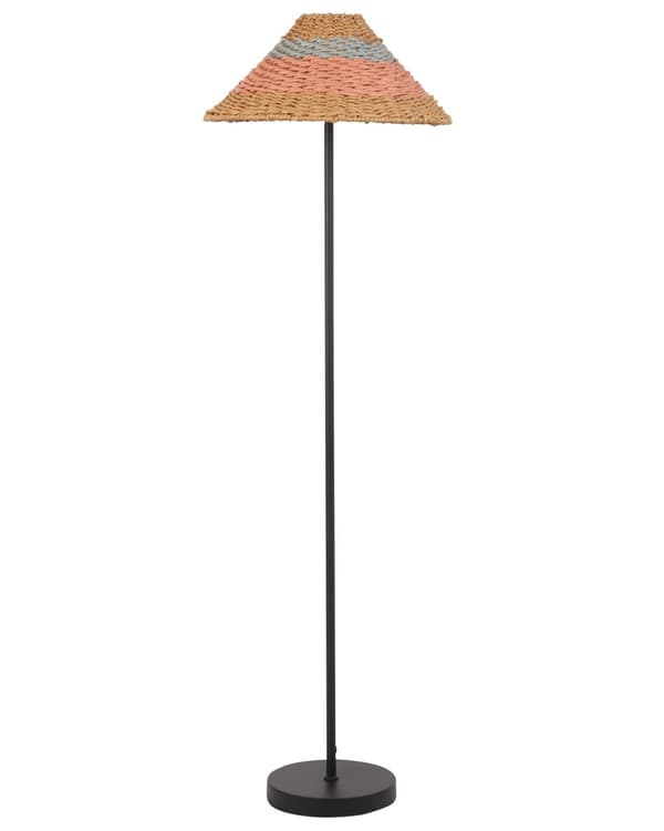 Golvlampa Svart och Beige Rosa och Blå Pappersrep Skärm Metallfot Vardagsrum Sovrum Belysning