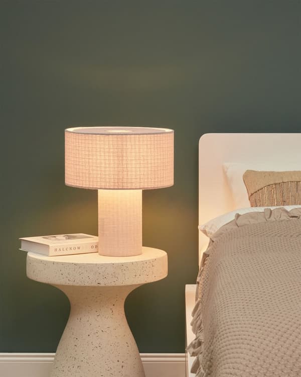 Sängbordslampa Grå Skärm och Fot i Bomull och Linne Tyg Trumskärm 30 cm Modern Stil Vardagsrum Sovrum