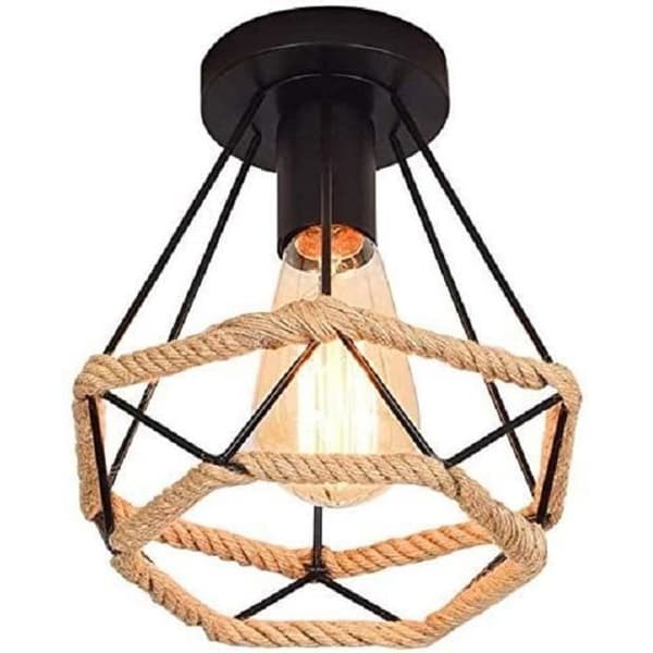 Retro Vintage Taklampa Industriell Diamantformad Metallbur med hampasnöre Järnbelysning 20cm, Dekoration Ramadan